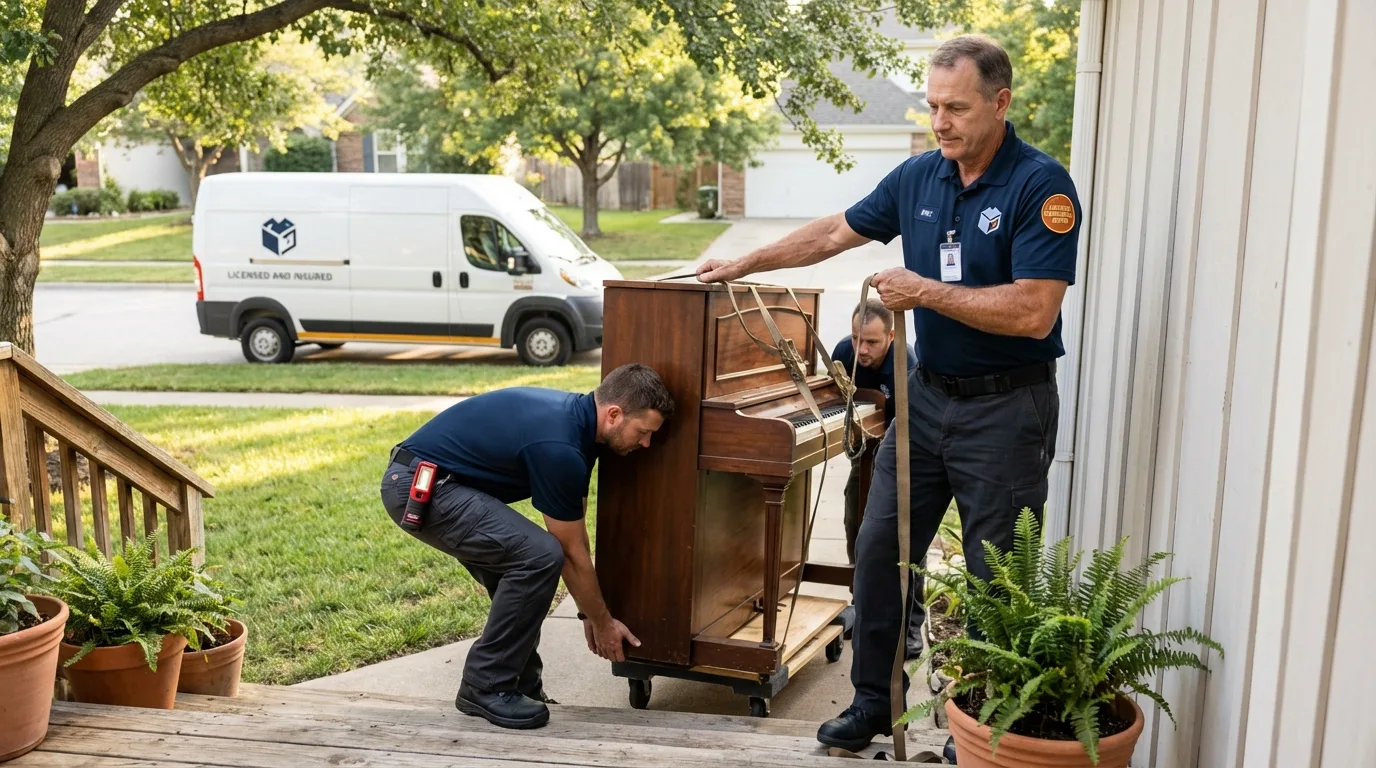 Licensed piano movers securing grand piano in Rutland, MA