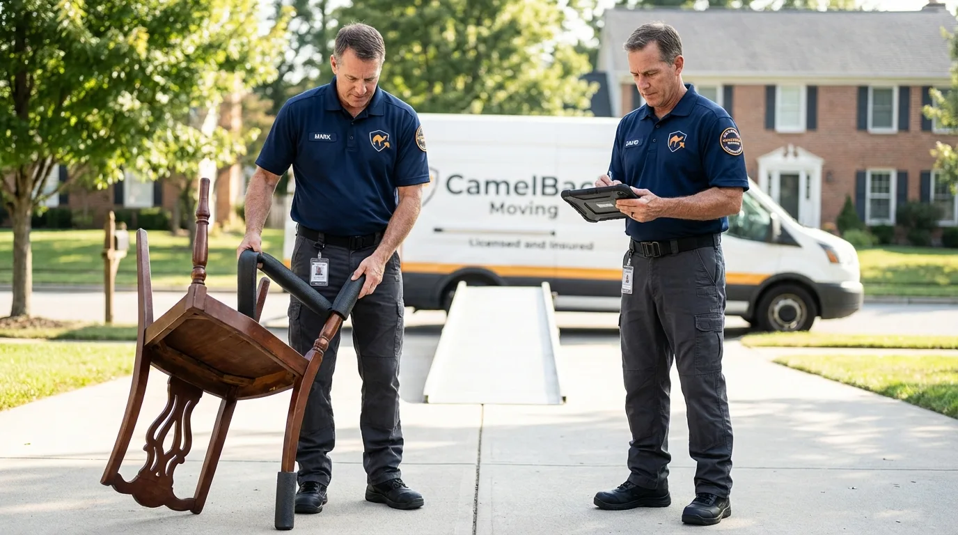 Movers inspecting furniture for damage prevention before loading in Rutland, MA