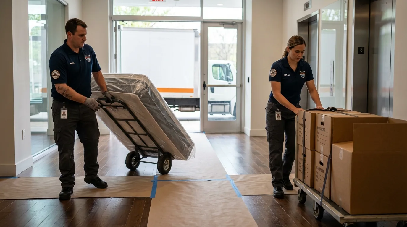 Professional apartment movers loading elevator in Rutland, MA