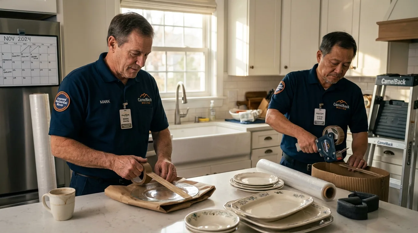 Professional crew packing kitchen dishware in Rutland, MA